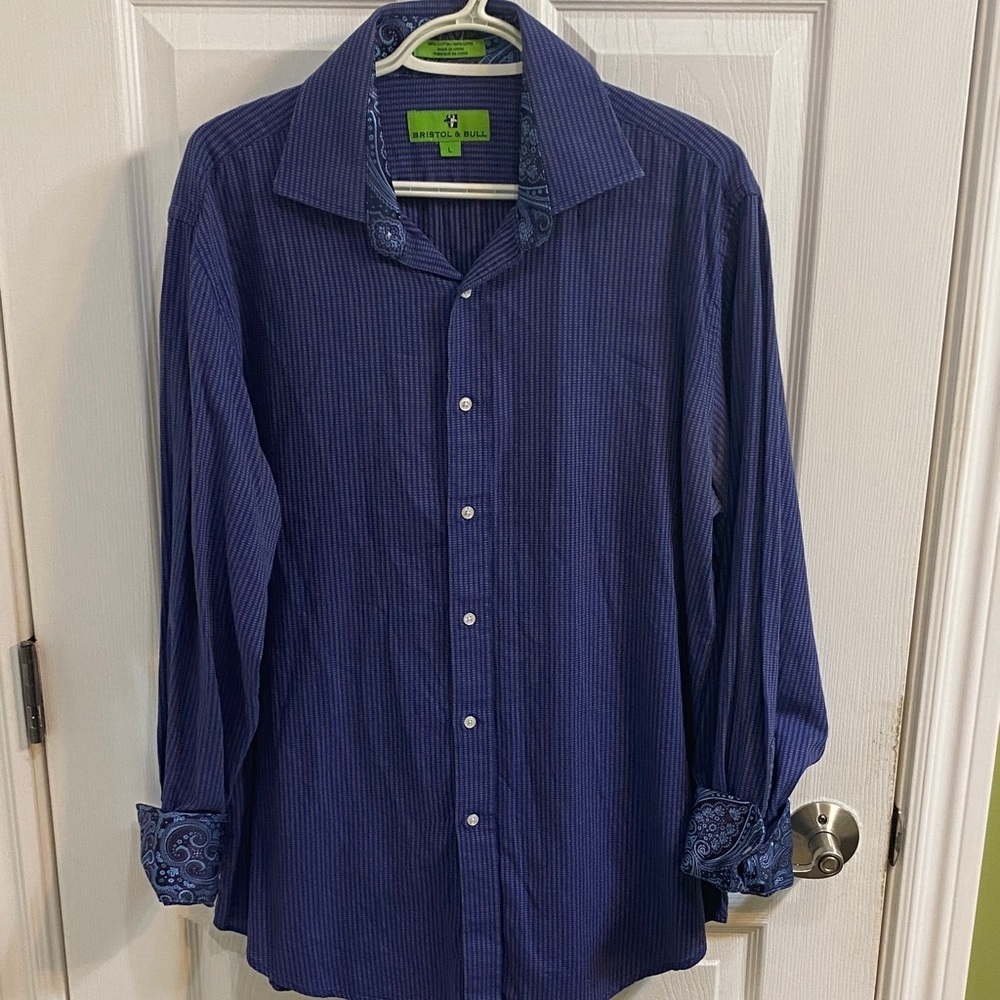 Bristol & Bull Blue Grey Paisley Flip Cuff Men’s Dress Shirt Size Large Office